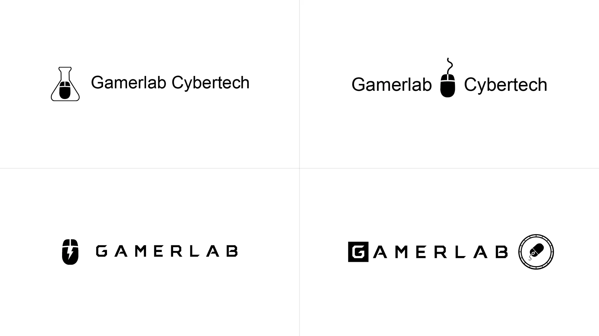 Design iterations of Gamerlab&#x27;s logo showing three early designs and one final design