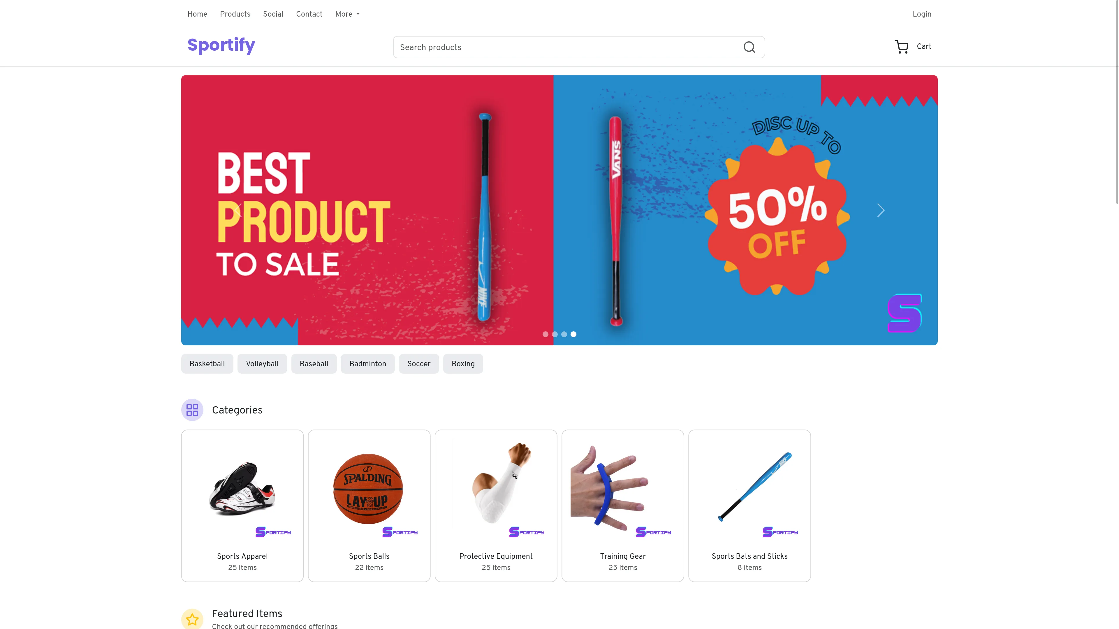 Homepage of Sportify showing the banner and product categories