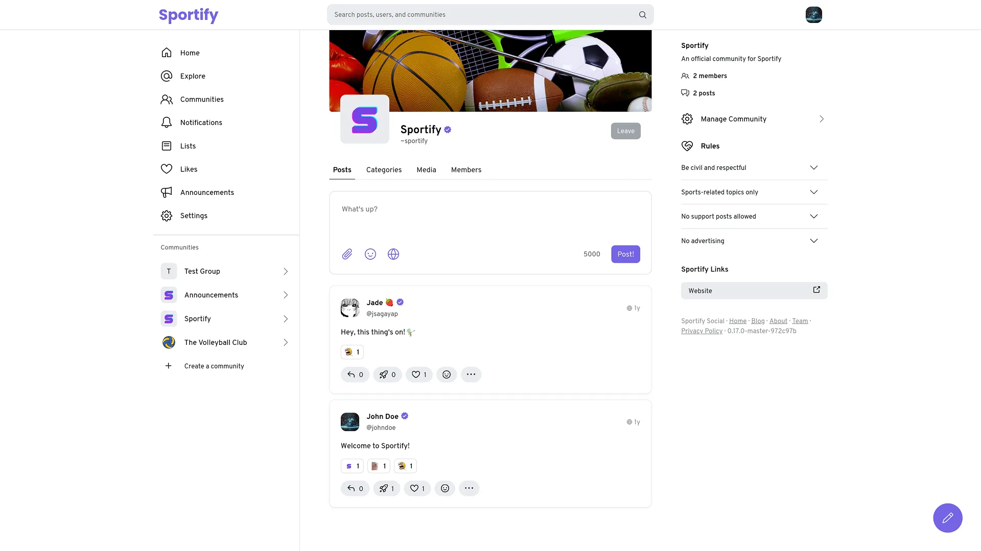 The official Sportify community with a few posts